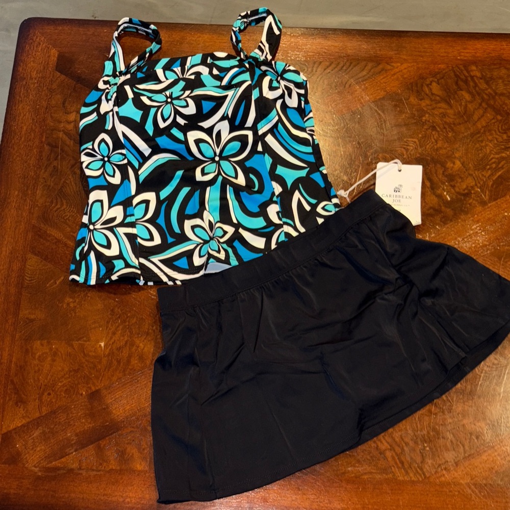 Floral Caribbean Joe Tankini Top and Black Skirt Set